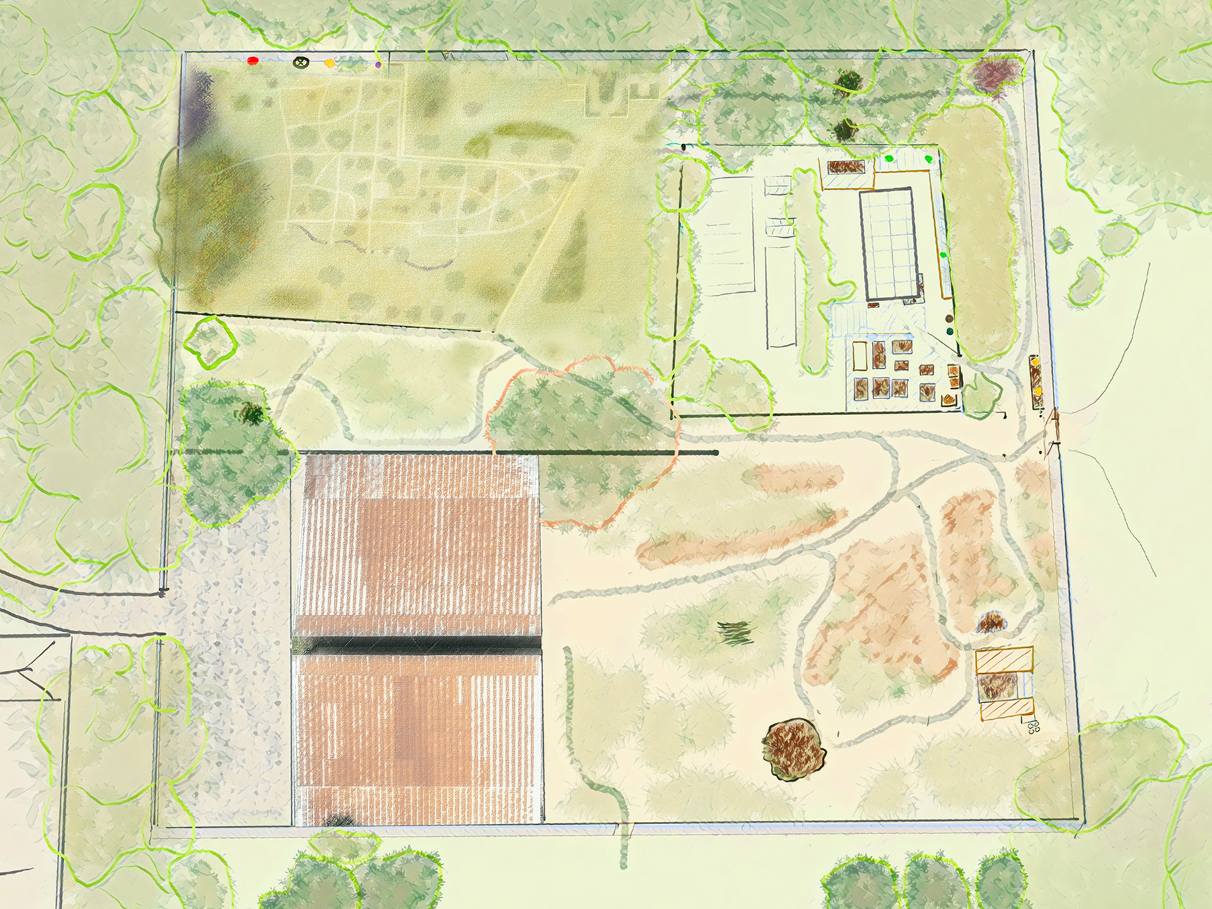 Aerial view of the Bamff Walled Garden divided into four quadrants